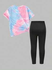 SHEIN Elladie kids 女孩休闲时尚创意可爱卡通针线字母标语印花 T 恤和紧身裤两件套 - 彩色 - 查看 2