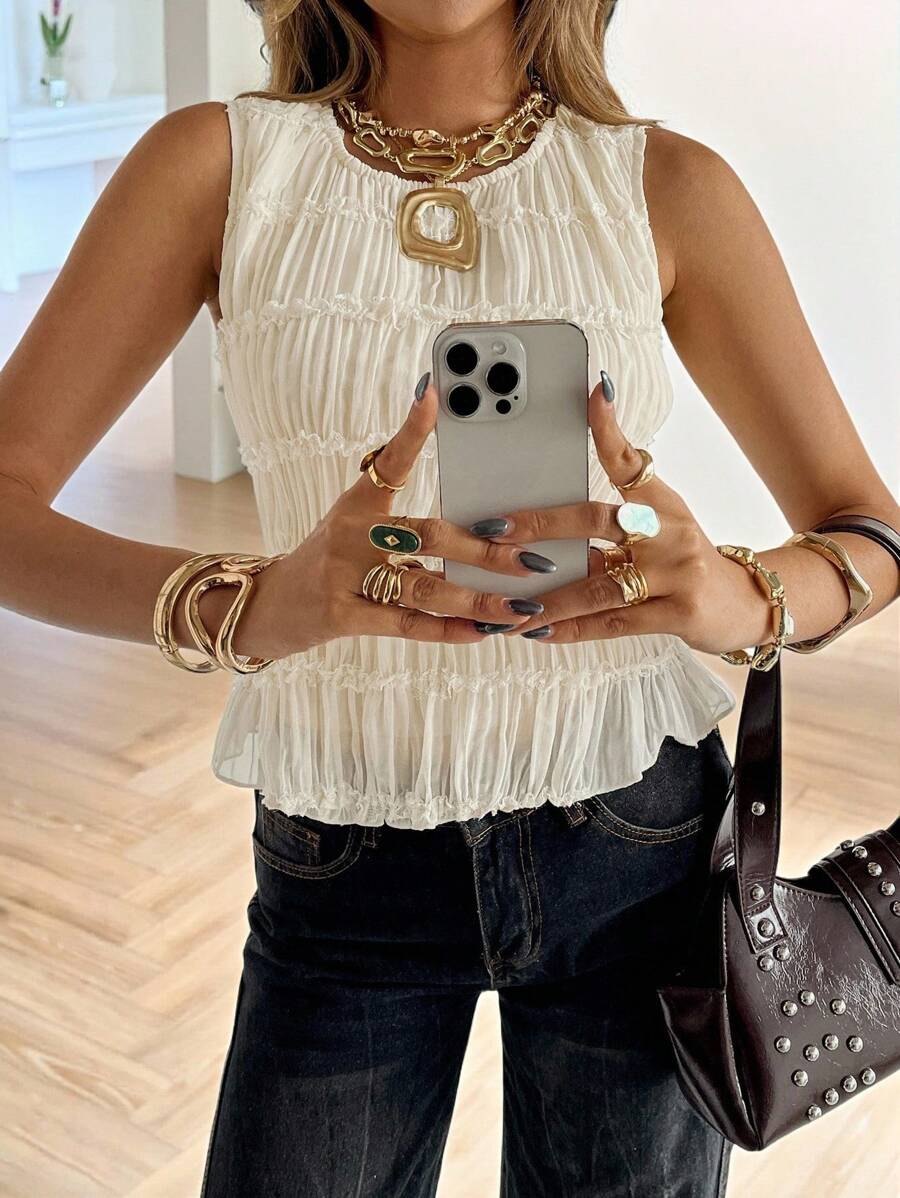 Siren Gaze 女士纯色蕾丝边褶皱圆领吊带背心，纯色圆领褶皱上衣，锐舞派对装扮，伊比沙岛装扮，外出上衣，多层荷叶边上衣，褶皱上衣，收腰上衣，荷叶边上衣，夏季 - 杏色 - 查看 1