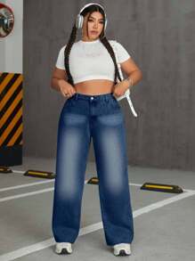 EURMUSE Plus Size Women Embroidered Mid-Waist Button Pocket Straight Leg Jeans - Dark Wash - View 2