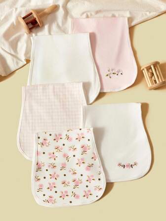 5pcs/Pack Baby Bibs, Soft Cotton Floral Embroidery Burp Cloths, Suitable For Infants Under 3 Years Old, All Seasons