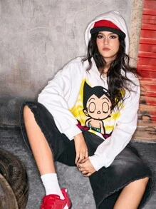Astro Boy X ROMWE Retro Street Fashion Cartoon Graphic Loose Hooded Sweatshirt - White - View 1