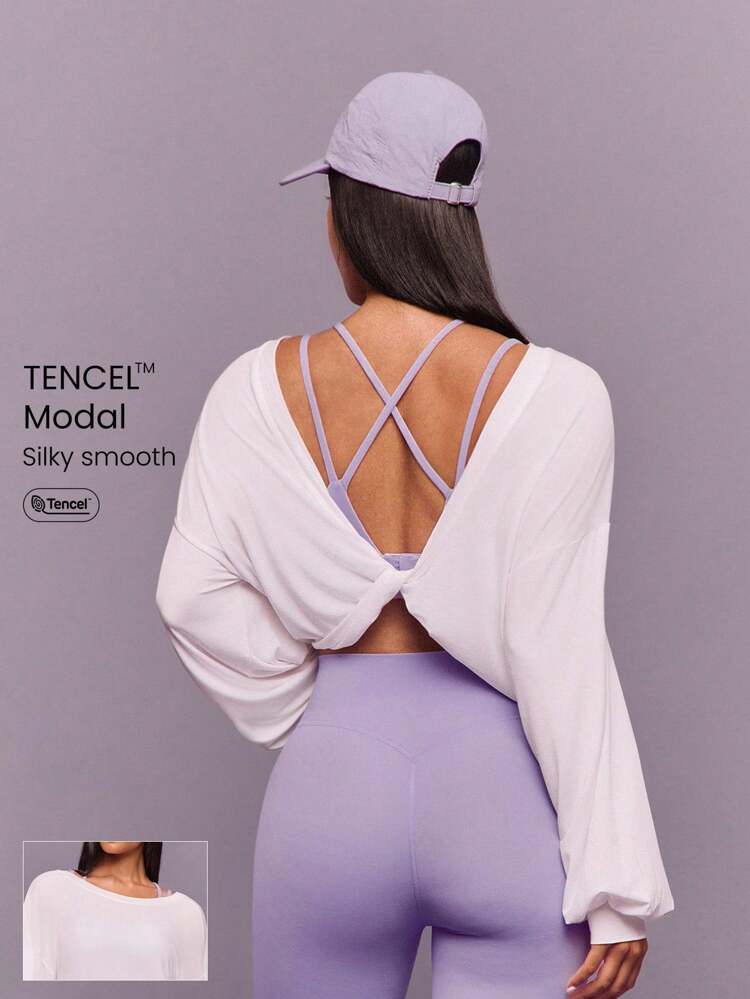 TENCEL™ モーダル シルキースムース ツイスト オープンバック デザイン ランタンカフス フィッテッドヘム ロングスリーブ トップ デイリーカジュアルウェア