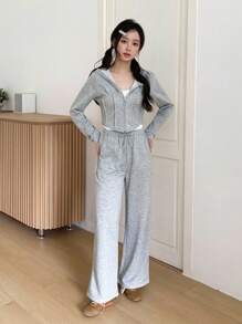 Sweetra Young 2pcs/Set Teen GirlGray Hoodie Sweatshirt And Loose Pants, Casual Sports College Style Outfit Fall Winter