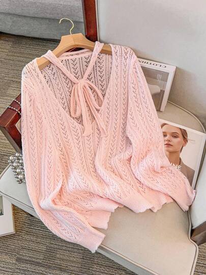 Franclia كنزة صوفية نسائية كبيرة الحجم بربطة عقدة مفرغة، بلوزة محبوكة خريفية وشتوية