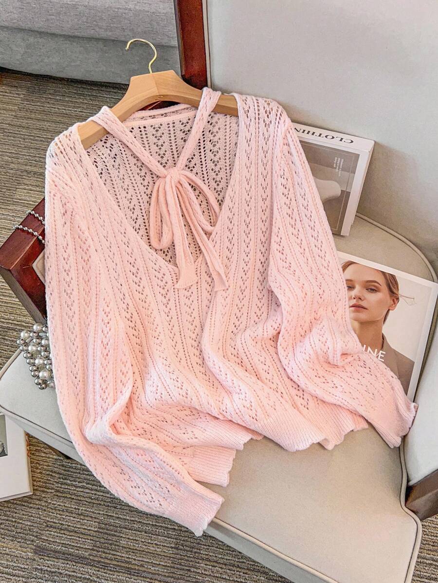 Franclia Áo len chui đầu thắt nơ khoét rỗng cho nữ, Áo chui đầu dệt kim thu đông - Màu Hồng baby - Xem 1