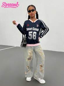 Tween Girl Navy Blue And White Number Print Sweatshirt,Autumn Casual School Back-To-School Long Sleeve T-Shirt,Vibrant Color Contrast Numeric Design - Royal Blue - View 5