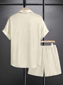 Manfinity RSRT Bộ đồ đi biển nam ngắn tay bằng vải lanh pha cotton họa tiết, cổ , cài nút màu tương phản, áo sơ mi và quần short, bộ đồ vải lanh 2 món cho nam, trang phục nghỉ dưỡng mùa hè, trang phục ấm áp - Màu be - Xem 2