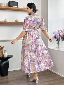 Modelyn Plus Size Elegant Floral Print Notched Neck Short Sleeve Dress - Multicolor - View 2