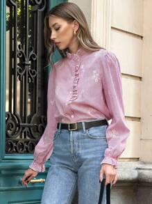 Chiquease Blusa de manga larga con cuello abierto, bordada, de rayas rojas y blancas, con volantes, de estilo suelto y casual, para mujer, ideal para primavera y otoño en la universidad - Rojo - Ver 4