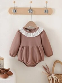 SHEIN 女婴荷叶边领长袖连体衣，花卉乡村风秋冬款