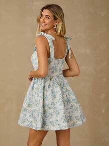 Enchnt Vestido mini de princesa romántico con estampado de flores jacquard en azul pastel, cuello de corazón y lazo en los hombros, dulce y elegante para vacaciones, citas, fiestas, graduación, invitada de boda y playa. Vestidos de verano elegantes para mujeres. - Multicolor - Ver 5