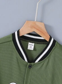 SHEIN Explorewe 2件套青少年男孩夏季休闲拼色条纹字母印花T恤和短裤套装 - 軍綠色 - 查看 5