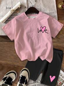 SHEIN 2 件套青少年女孩休闲简约手绘心形爱心图案短袖宽松 T 恤和紧身裤，粉色，适合夏季 - 彩色 - 查看 2