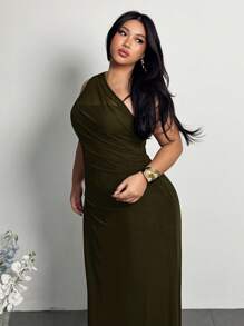 Firerie Damen Große Größen elegantes minimalistisches schickes Mode Alltags Basis Ins Stil professionelles Büro Pendler Influencer Musik Festival Strand Urlaub transparentes asymmetrisches Neckholder gerafftes Bodycon ärmelloses Kleid, Hochzeitsgast Kleid Damen