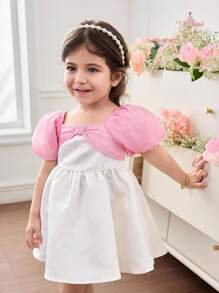 SHEIN Baby Girl Woven Contrast Color Puff Sleeve Snug Fit Dress - Pink - View 1