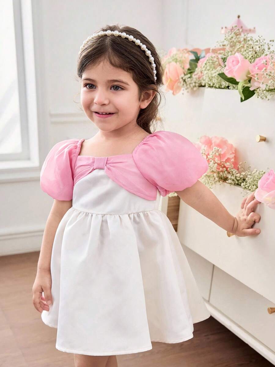 SHEIN Baby Girl Woven Contrast Color Puff Sleeve Snug Fit Dress - Pink - View 1