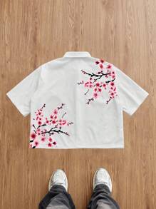 Manfinity Joysei 日式樱花印花休闲男士短袖 Polo 衫，常规版型 - 白色 - 查看 2