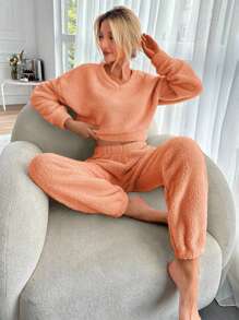 RueChic Solid Drop Shoulder Teddy Pullover & Pants - Orange - View 5