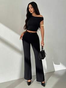 SHEIN PETITE Women's Solid Color Casual Pants Black Flare Pants,Fall Clothes For Women