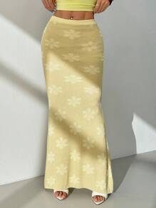 SHEIN PETITE Falda amarilla casual de punto con textura floral para mujer - Amarillo - Ver 5