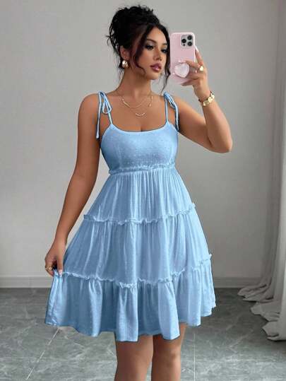 Breezaya Swiss Dot Frill Trim Cami Dress Vacation Beach Outfits Women