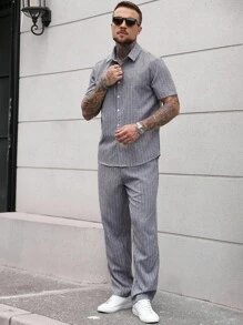Manfinity CasualCool 男士休闲条纹印花衬衫和裤子套装 - 深灰色 - 查看 3