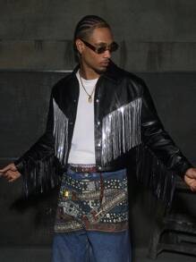 AXEPEAK Men's Turndown Collar Long Sleeve Fringe Detail Short Jacket , Fall Winter, Grunge - Black - View 5