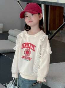 Dazy Kids 年轻女孩荷叶边字母印花圆领运动衫 - 米色 - 查看 4