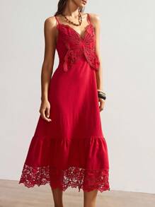 Bohemela Đầm midi không tay thêu bướm họa tiết ren trơn màu phong cách Boho Beach thanh lịch dành cho nữ - Đỏ - Xem 1