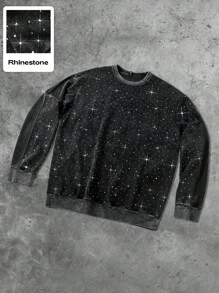 ROMWE MEN Street Life Unisex Rhinestone Effect American Street Style Crew Neck Pullover Sweatshirt - Black - View 1