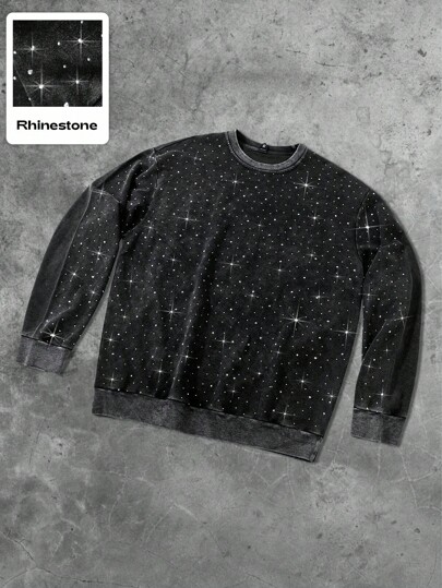 Street Life Unisex Rhinestone Effect American Street Style Crew Neck Pullover Sweatshirt