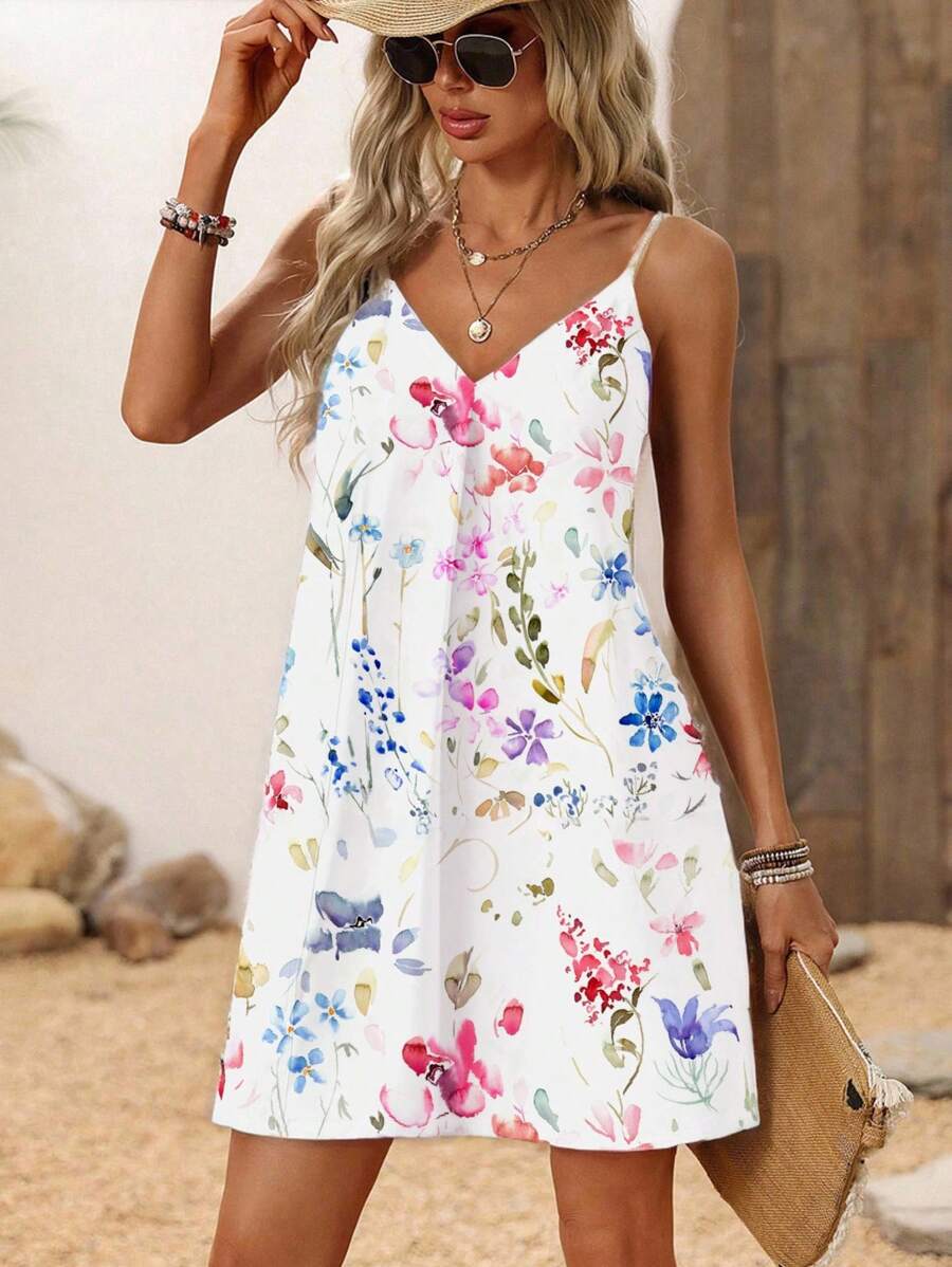 EMERY ROSE 大码女式 V 领花卉印花无袖 A 字裙、度假休闲太阳裙、海滩度假 - 彩色 - 查看 1