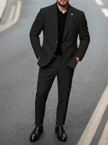 Calvornis 男士休闲商务两件套西装，纯色西装套装夹克和裤子，简约时尚休闲日常穿着婚礼西装舞会西装男士，适合情人节周年纪念日等场合，是送给男朋友或丈夫的绝佳礼物，老钱风格 - 黑色 - 查看 7