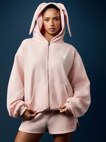 Missguided x Playboy Bunny Ear Zip Through Hoodie With Rabbit Hood Pastel Sweatshirt Fall Winter Loungewear Cute Kawaii Design Oversized Long Sleeve Fashion Statement - Pink - View 1