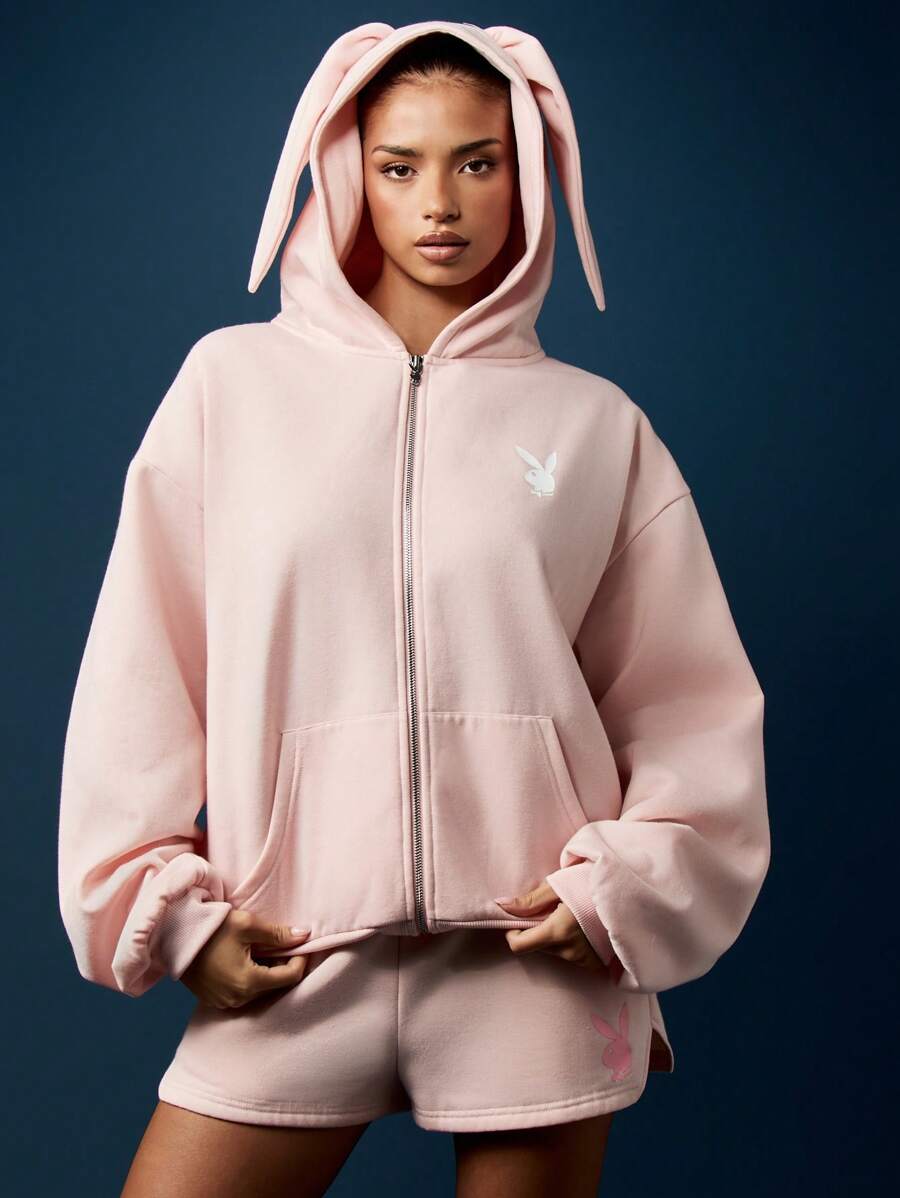 Missguided x Playboy Bunny Ear Zip Through Hoodie With Rabbit Hood Pastel Sweatshirt Fall Winter Loungewear Cute Kawaii Design Oversized Long Sleeve Fashion Statement - Pink - View 1