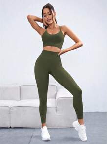 SHEIN Sports 无缝高弹力女士运动瑜伽套装 - 綠色 - 查看 2
