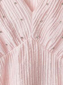 Franclia Pink Ruched Rhinestone Embellished V-Neck Puff Sleeve Cinched Waist Blouse Clothes For University - Pink - View 3
