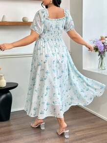 Modelyn Women's Mint Blue Floral Print Elegant Romantic Square Neck Lantern Sleeve Plus Size Dress - Multicolor - View 2