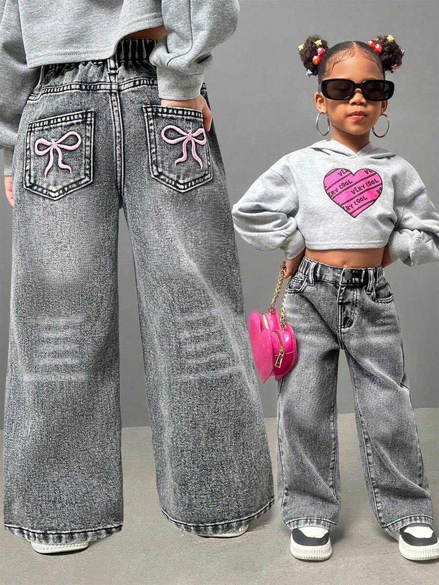SHEIN Sparklyn 年轻女孩时尚休闲水洗牛仔直筒裤，带刺绣后袋，阔腿牛仔裤，儿童宽松牛仔裤，年轻女孩，女孩 - 灰色 - 查看 1
