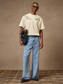 AKNOTIC Business Casual Áo thun nam tay ngắn dáng rộng, thêu hoa dệt kim màu trắng, thích hợp mặc mùa hè, đi nghỉ, mặc hàng ngày, tiệc tùng, cặp đôi, quà tặng nam - Màu be - Xem 2