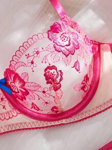 SHEIN 3pcs Sexy Embroidered Push-Up Bow Decor Women's Lingerie Set Floral Lingerie Set Custom Lingerie Set Bow Lingerie Set Birthday Lingerie Kawaii Lingerie, Going Out - Hot Pink - View 3