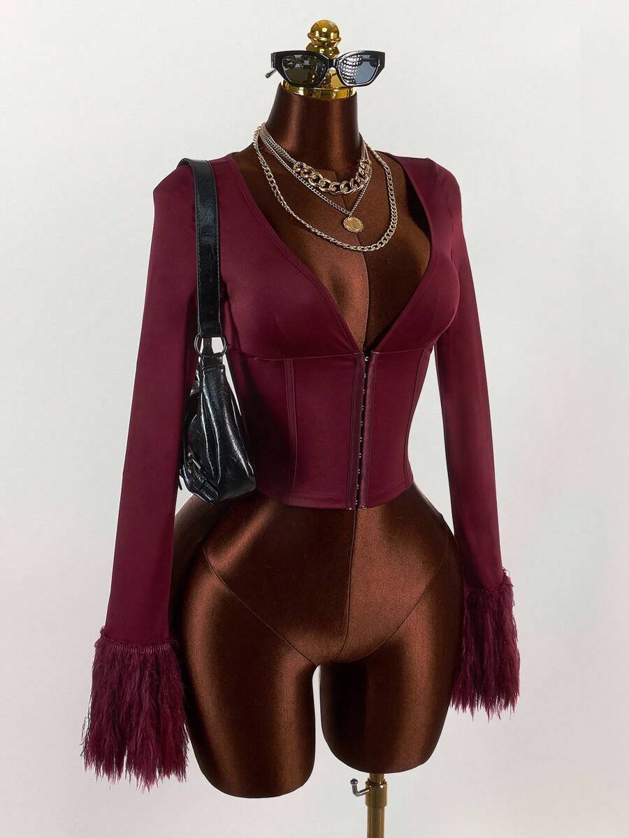 Amplova Fall Clothes For Women Winter Clothes Corset Metal Button Decor Fringed Tight Fit Jacket Elegant Burgundy Knit Cropped Jacket With Feathered Sleeves And Sophisticated Fit