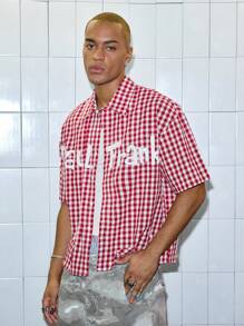 ROMWE MEN Paul Frank X ROMWE Men's Letter & Cartoon Pattern Plaid Short Sleeve Shirt - Red - View 6