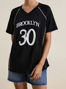 INAWLY 女士休闲字母和数字印花T恤，夏季 - 黑色 - 查看 3