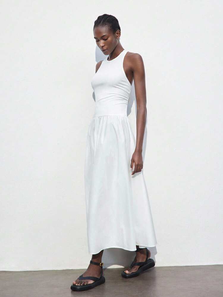 SHEIN Maija Damen Weißes Sommerkleid, Rundhals rückenfrei Kreuzband Kleid, einfarbig minimalistisch elegantes böhmisches Strand Urlaubs Lässig loses Sommerkleid