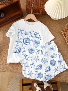 Emery Rose Kids Emery Rose Kids 2 件套可爱海洋生物、贝壳、蝴蝶结印花休闲短袖上衣和短裤套装，适合夏季、夏季度假、度假氛围、古代花卉、日落粉彩、清凉 - 彩色 - 查看 2
