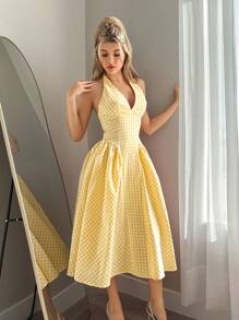 Sweetina 夏季优雅格子露背挂脖连衣裙 - 黃色 - 查看 3