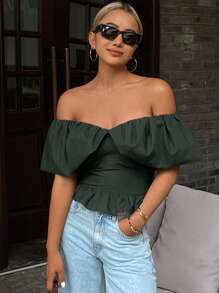 Livesso Blusa corta elegante sin tirantes y hombros descubiertos de unicolor para mujer, ideal para salir en verano - Verde Oscuro - Ver 3