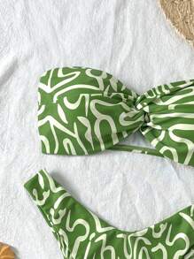 Swim Mod 女士线条印花性感吊带比基尼两件套泳衣套装，花卉印花随机 - 綠色 - 查看 3