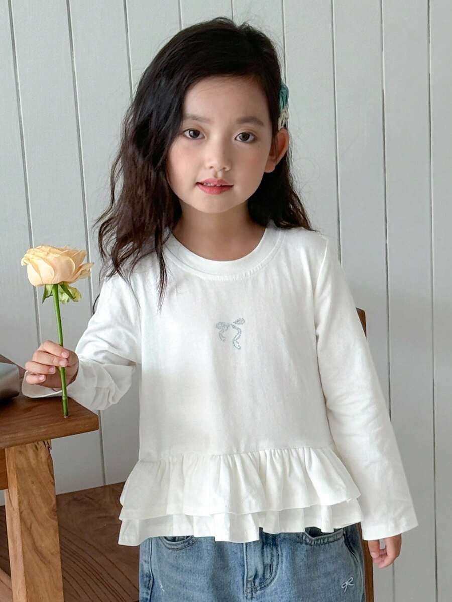 Dazy Kids 年轻女孩圆领长袖休闲荷叶边拼接宽松T恤